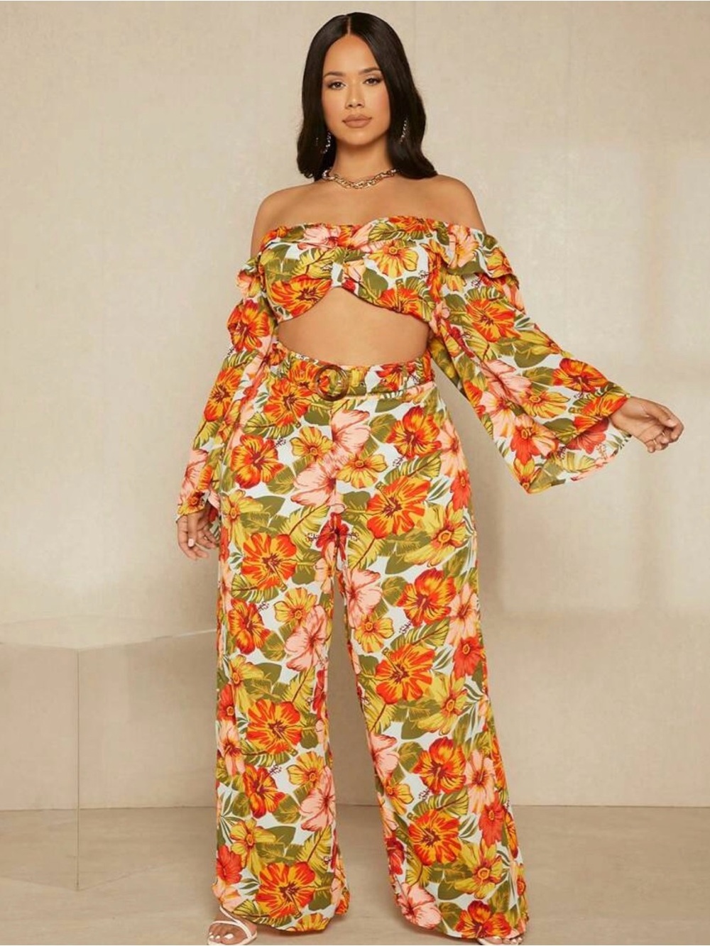 Floral Off-Shoulder Wide-Leg Pants Set - Orange Multi